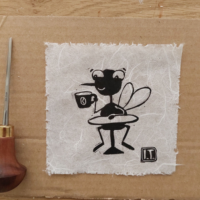 Mosquito coffee lover - linocut - Handprinted mosquito