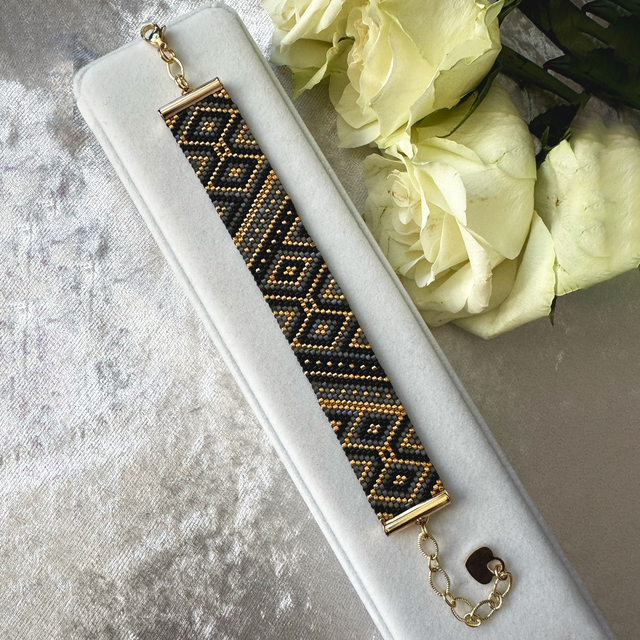 Handmade Bracelet Black Rombs with Golden Plated Miyuki Delica 