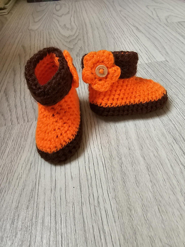 Crochet baby boots booties orange brown flower detail newborn