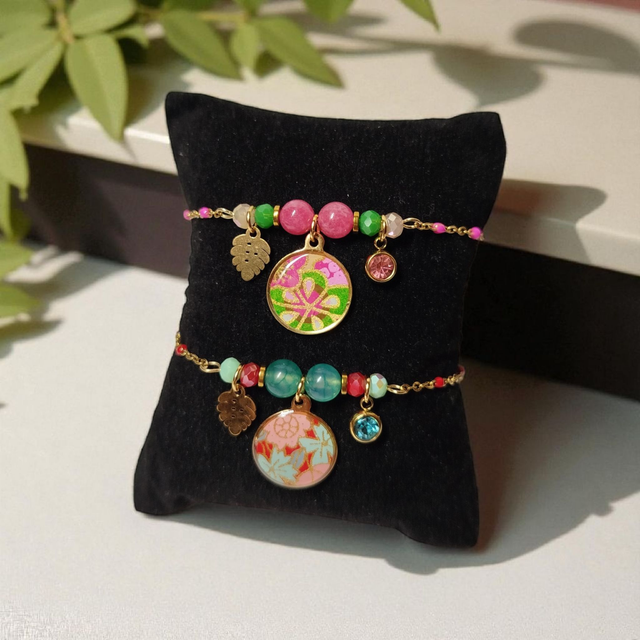 bracelet acier inoxydable motifs japonais bleu turquoise rouge et doré