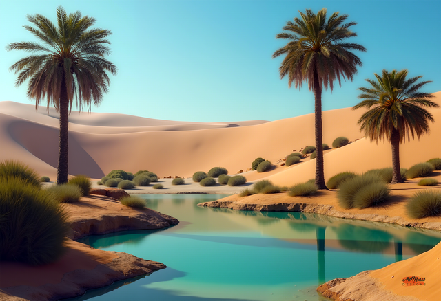 Découvrez ce tableau aquarelle premium représentant une oasis au lever du soleil