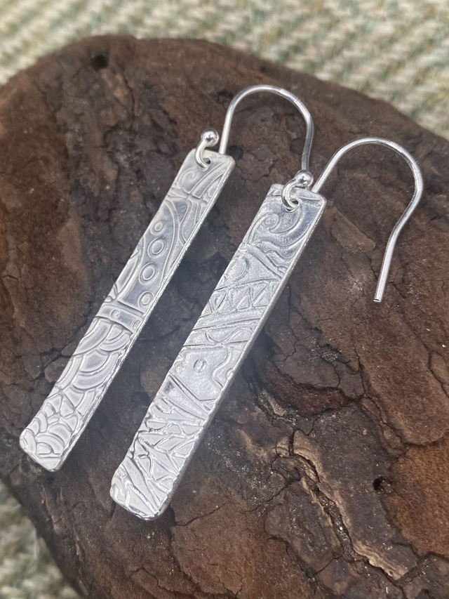 Fine Silver Textured Long Oblong Earrings