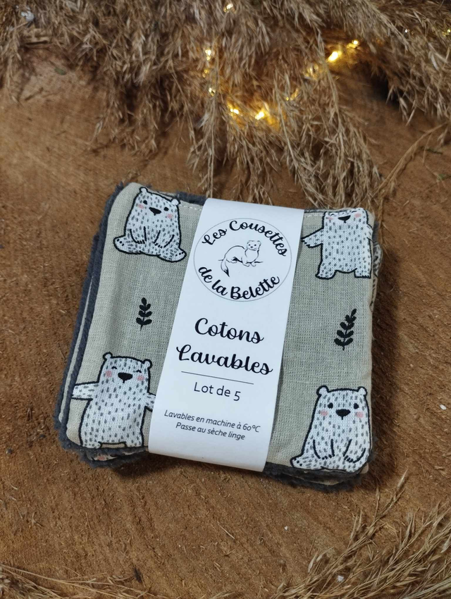 Lot de 5 cotons lavables - motif Teddy Bear (bambou gris)