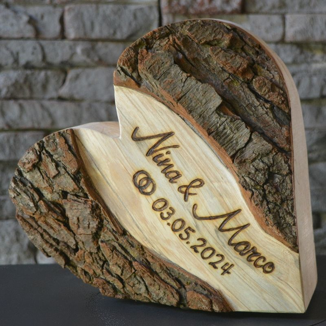 Du & Ich, 21 cm, rustikales Hochzeitsherz aus Holz, personalisiert mit Namen & Datum
