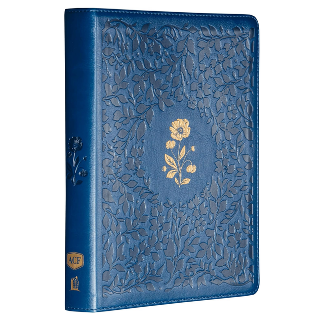 Bíblia ACF com espaço para anotações, Couro-soft azul com flores em baixo relevo, Leitura Perfeita