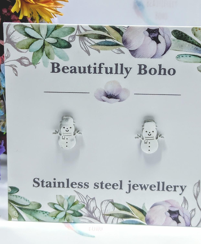 Stainless Steel Snowman Stud Earrings 