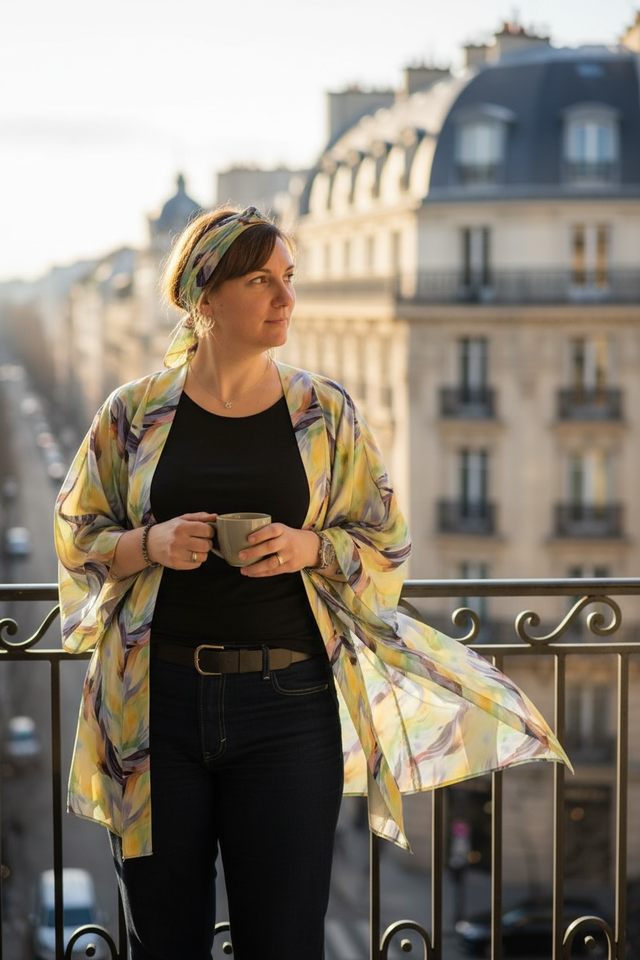 Kimono en soie - Grande taille - imprimé aquarelle coloré