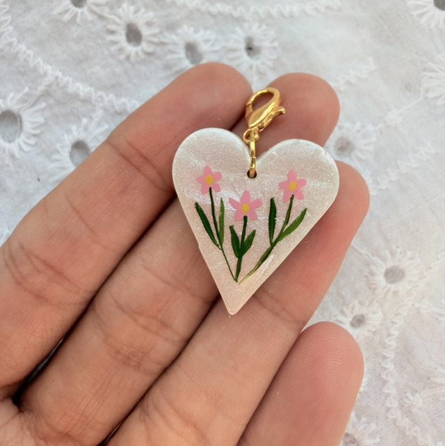 Pink Wildflower Heart Charm