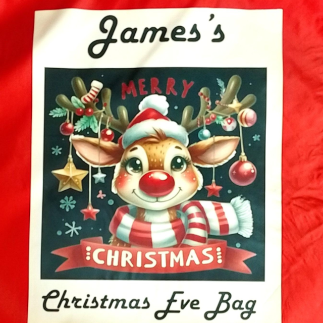 Personalised Cute Reindeer Reusable  Red Christmas Eve Drawstring Bag - 20 Festive Reindeer Designs