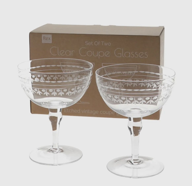 vintage etched coupe glasses pair