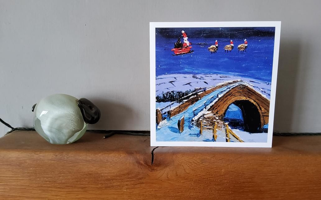 Father Christmas and his flying sheep over Duck Bridge near Danby. 6x6&quot; Christmas card.