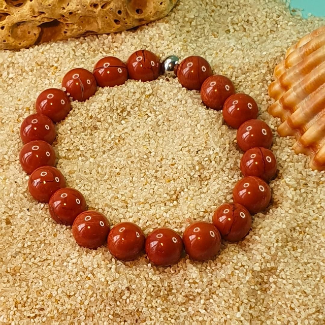 Bracelet en Perles de Jaspe Rouge avec Perle en Acier Inoxydable