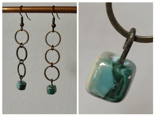 Cercles bronze et carré en céramique dans les tons de bleus -sans nickel 