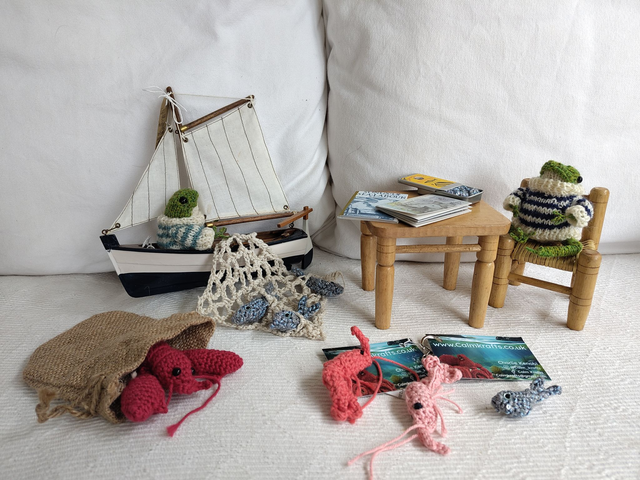 crochet crafts -Hand-Crocheted Lobster Brooch in a Hessian Sack (Approx. 12 cm) Made to Order - allow 1 week craft time