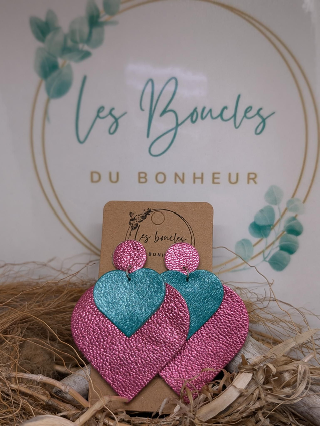 Boucles d&#039;oreilles Double coeur  rose vert dc059