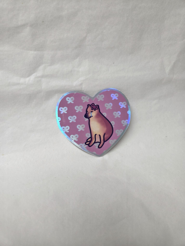 Sad Doge With Bows Holographic Heart Shaped Sticker - ST-039