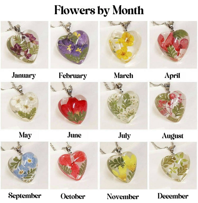 Heart Shape Flowers by Month Necklace