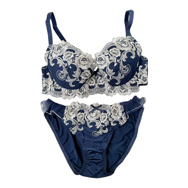 Navy blue + silver embroidered Japanese Bra + Underwear Set UK 32C