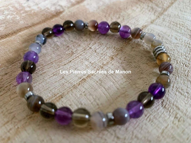 Bracelet Quartz fumé, Améthyste et Agate Botswana - Perles de 6mm