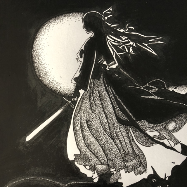 Guerrière samouraï - Clair obscur guerrière - 40 x 40 cm - encadrement noir 