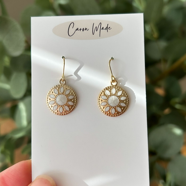 Gold and white floral boho style earrings
