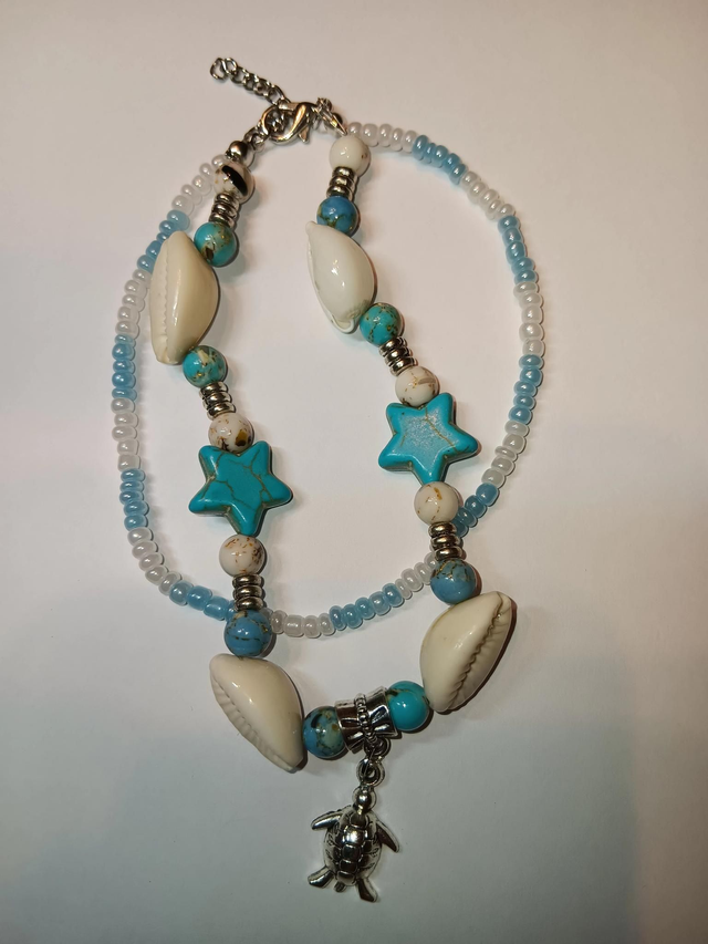 Bracelet de Cheville en Perles Turquoise et Coquillage 