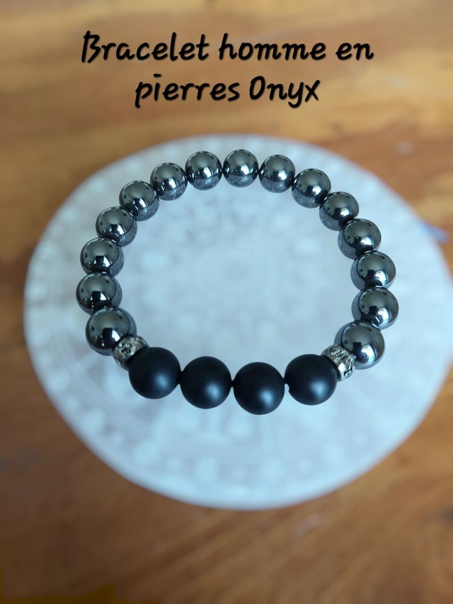 Bracelet homme “Élégance Noire” – Onyx sur élastique – Bijou artisanal masculin