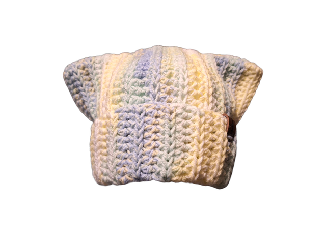 Catbeanie Blau/Grün/Gelb - Gehäkelte Mütze, Katzenmütze, Mütze mit Katzenohren, Unikat, handmade - Einzelstück