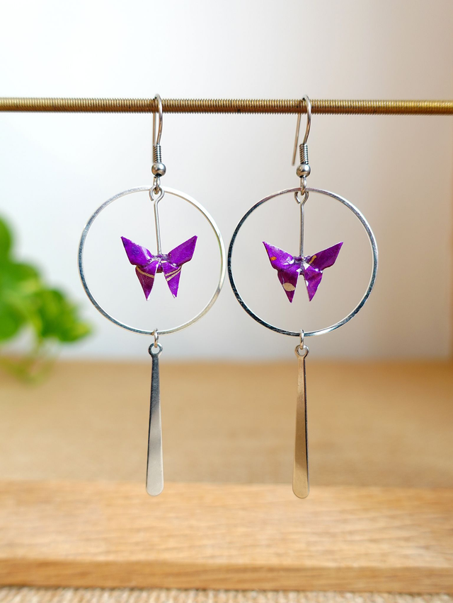 Origami Papillon / INOX / Papier japonais washi / Violet, argent / Créoles, anneaux /Bijou japonais origami / Boucles d'oreilles /
