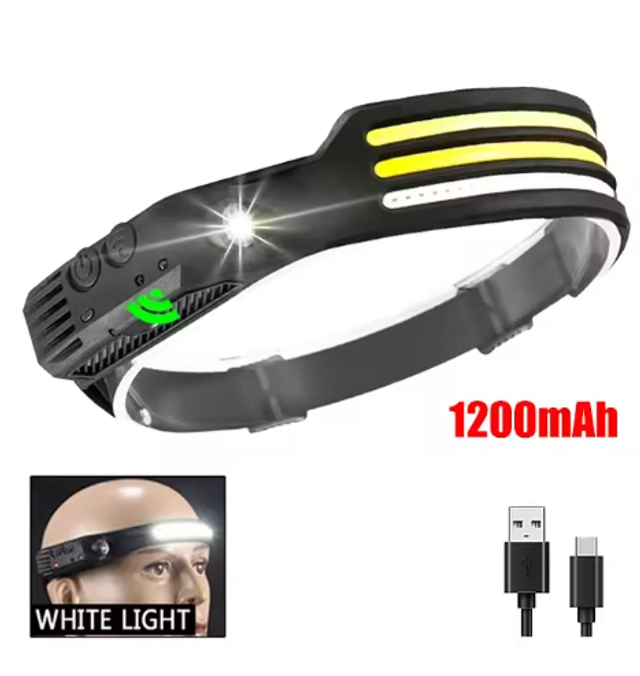 Lampe frontale à induction 5 MODES LED avec batterie intégrée, lampe de poche USB Ultra puissant, multi-usage camping en plein air