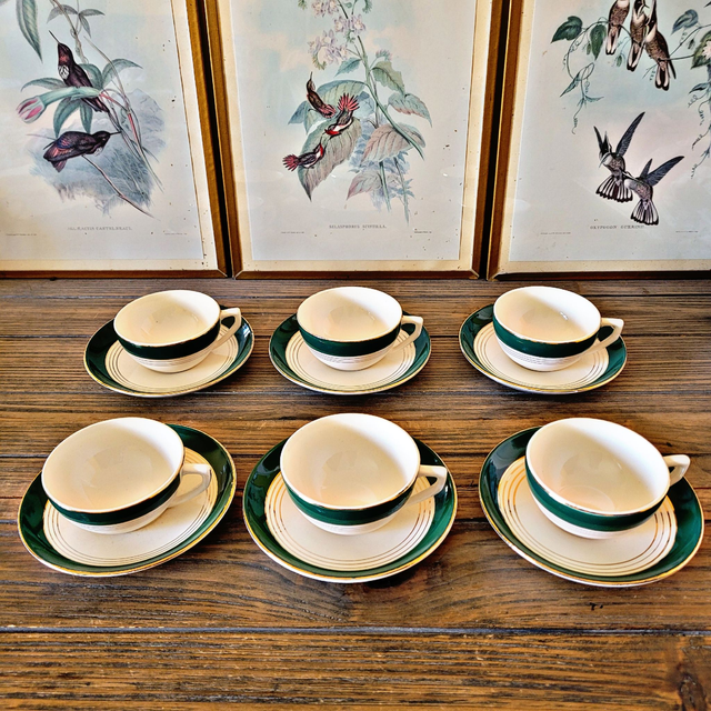 Tasses à café/thé Digoin Sarreguemines, vertes liserés dorés