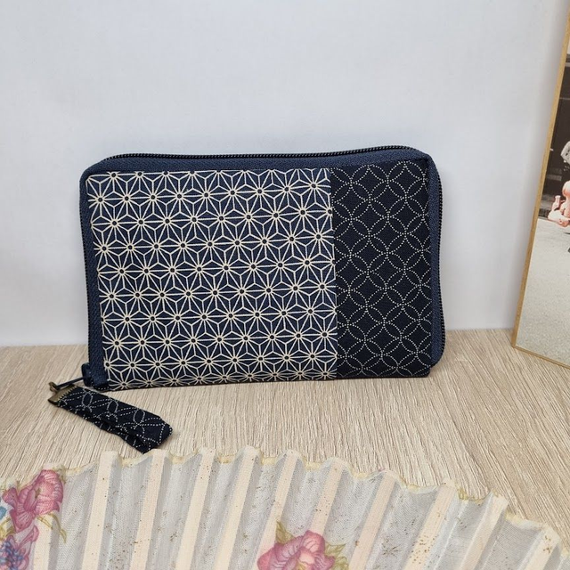 Portefeuille court zippé "Asanoha bicolore" bleu marine