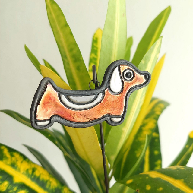 Raku Dachshund Plant Stake: Ceramic Dog Garden Decor