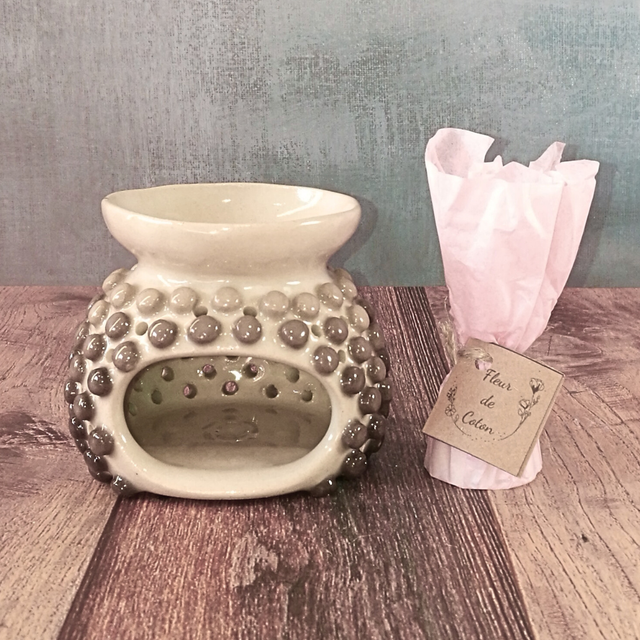 Brûle-Parfum gris &amp; son Fondant "Fleurs de Coton" 