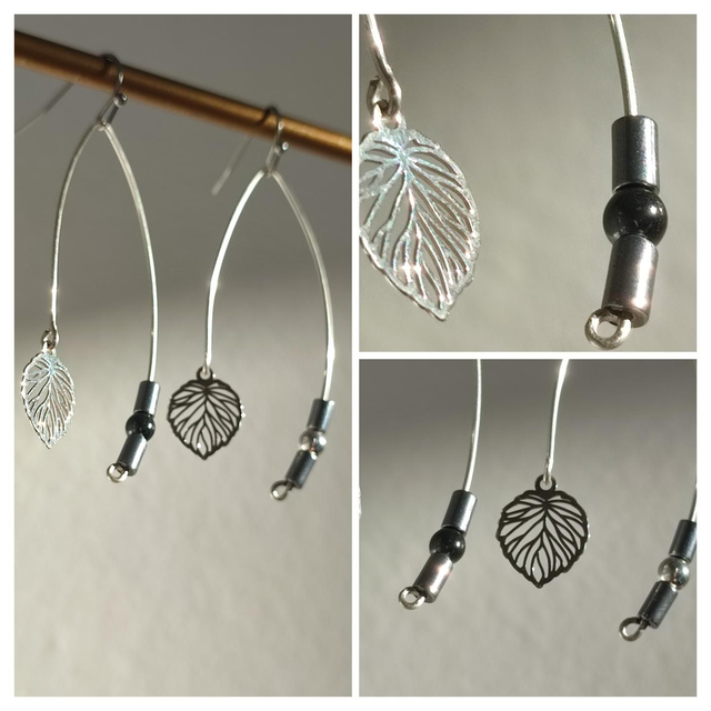 Z-Boucles d&#039;oreilles feuilles &amp; onyx noir ( pierres naturelles) hématite argent, acier inoxydable argent, pièce unique -sans nickel 