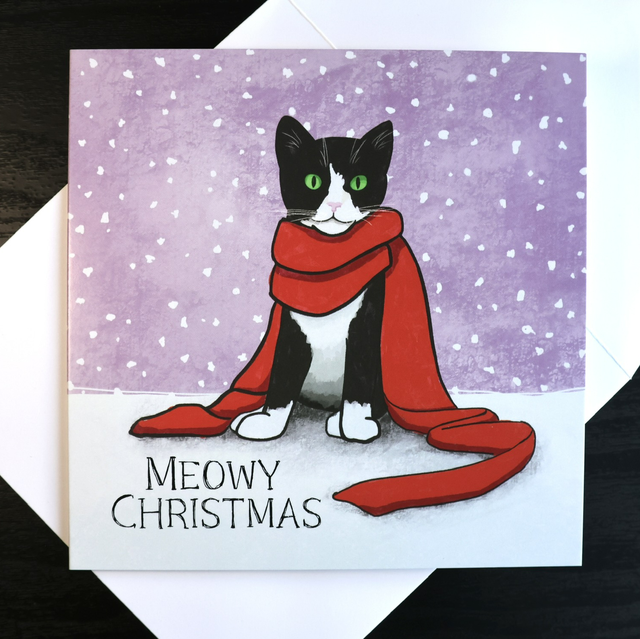 Meowy Christmas Snowy Tuxedo Cat Card
