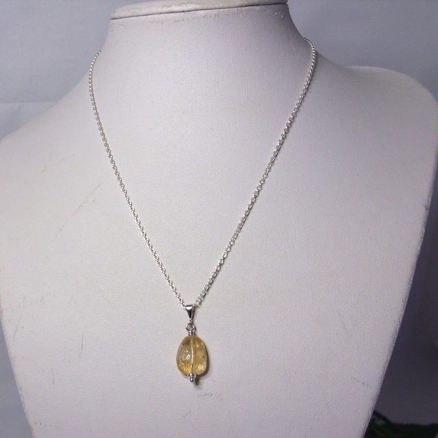 Citrine gemstone drop pendant necklace with recycled silver chain