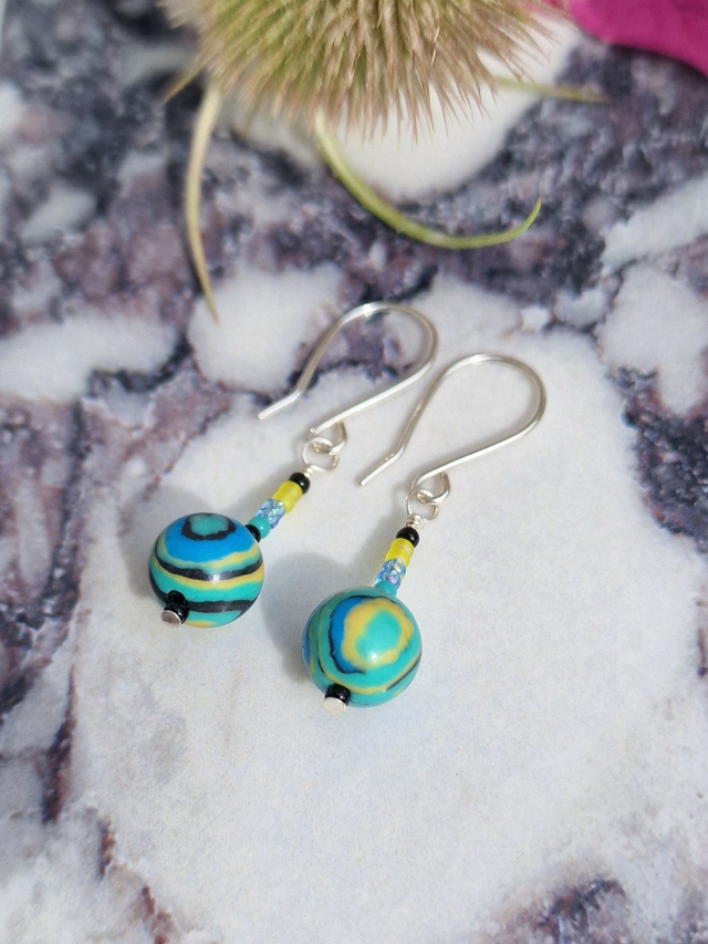 Summer fun! Bright colourful 10mm Fordite style acrylic bead recycled 925 silver drop earrings. Turquoise &amp; Black .