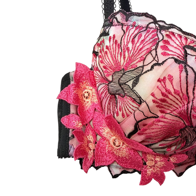 Red + black multicolour intricate embroidered Japanese Bra UK 30A