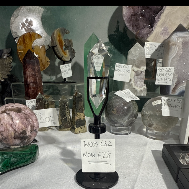 Angel tear clear quartz on custom spinning stand 