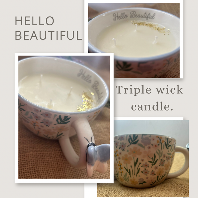 ‘Hello Beautiful’ butterfly mug candle