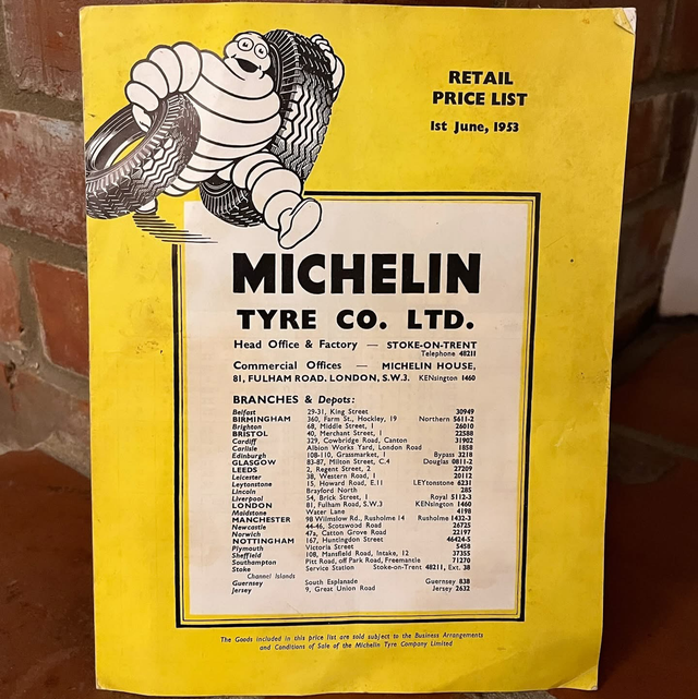 1953 Michelin Tyre Co Garage Retail Price List/ Chart