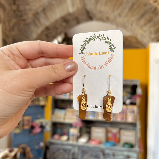 Brown Sea Glass Hook Earrings with Gold Spiral Charms