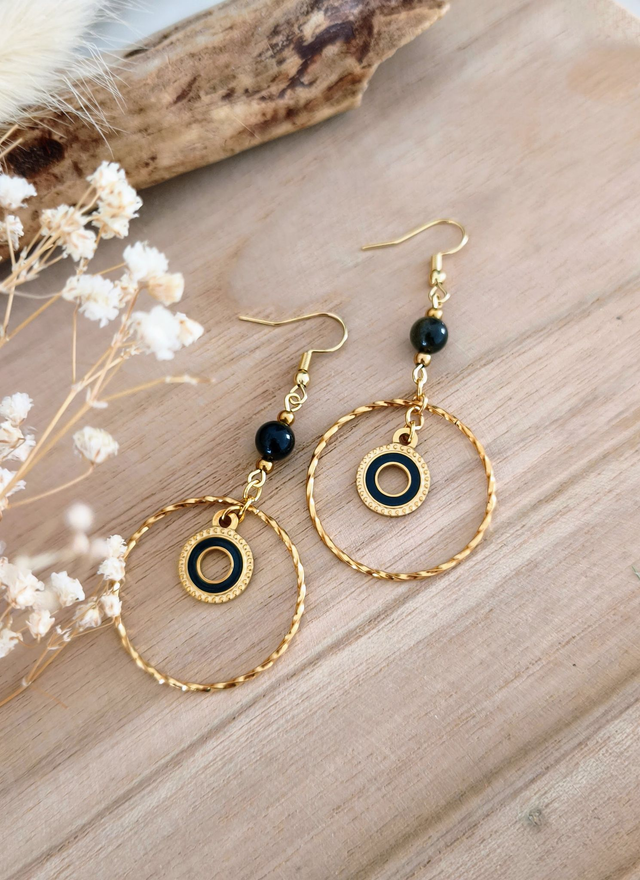 A Boucles d'oreilles "Anneau" Obsidienne 