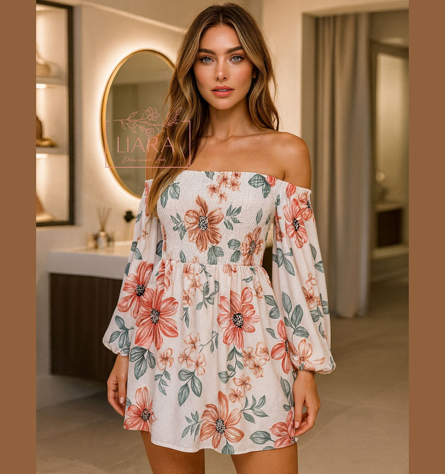 Schulterfreies Kleid Kurz Blüten Print Onesize 