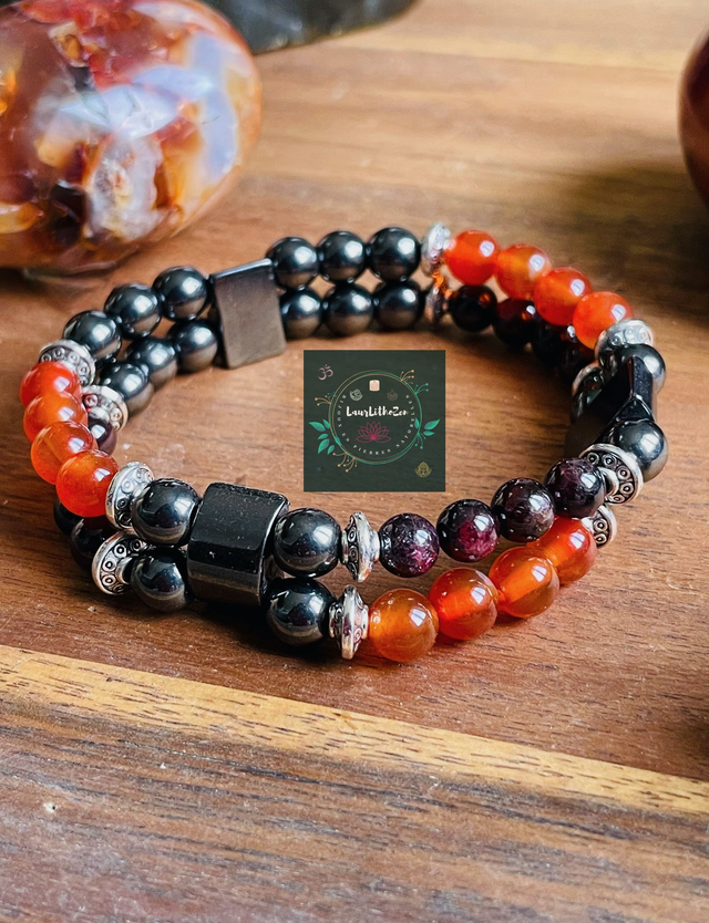 Double bracelet en Grenat- Cornaline et Hématite