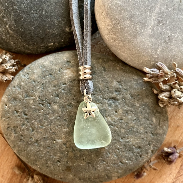 Cornish Sea Glass &amp; Silver Star Pendant