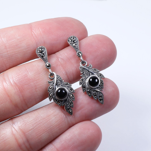 Sterling Silver 925 Art Deco Style Round Cabochon Cut Black Onyx Marcasite Gemstone Feather Design Drop Dangle Earrings
