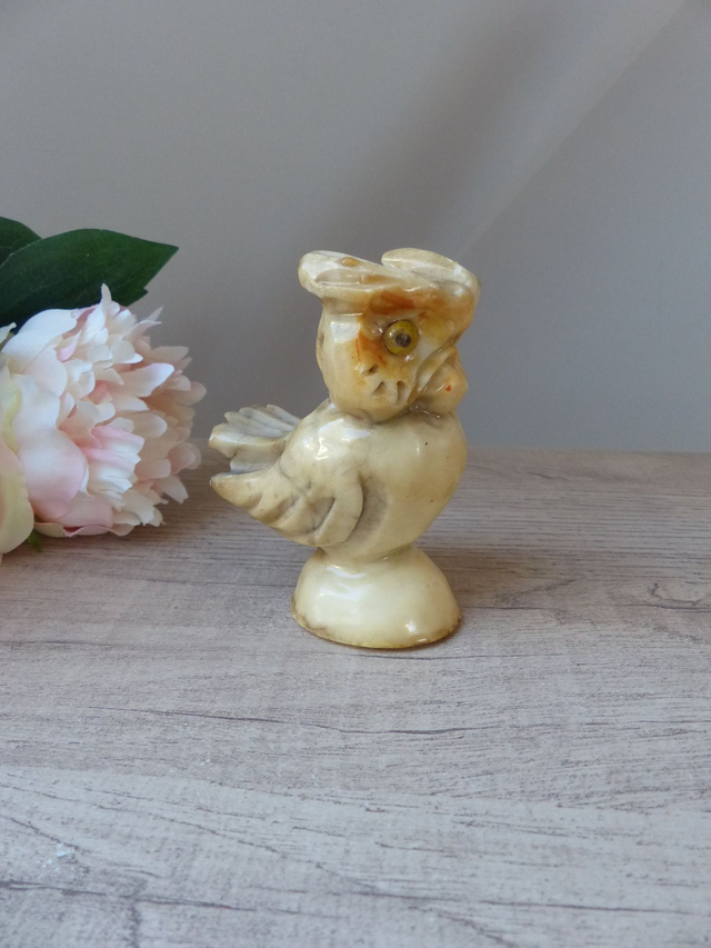 Sculpture Figurine hibou chouette en albâtre fait main espagnol alabastros alvear, Vintage 1960, ancienne statuette hibou pierre sculptée