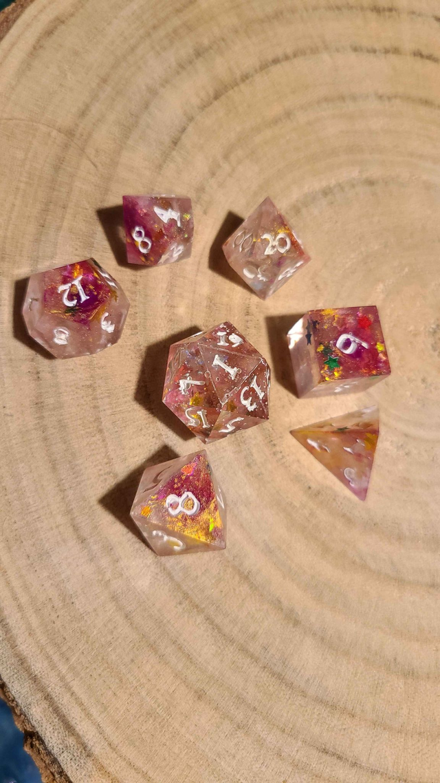 Set de 7 dés - rose à paillettes - B grade 